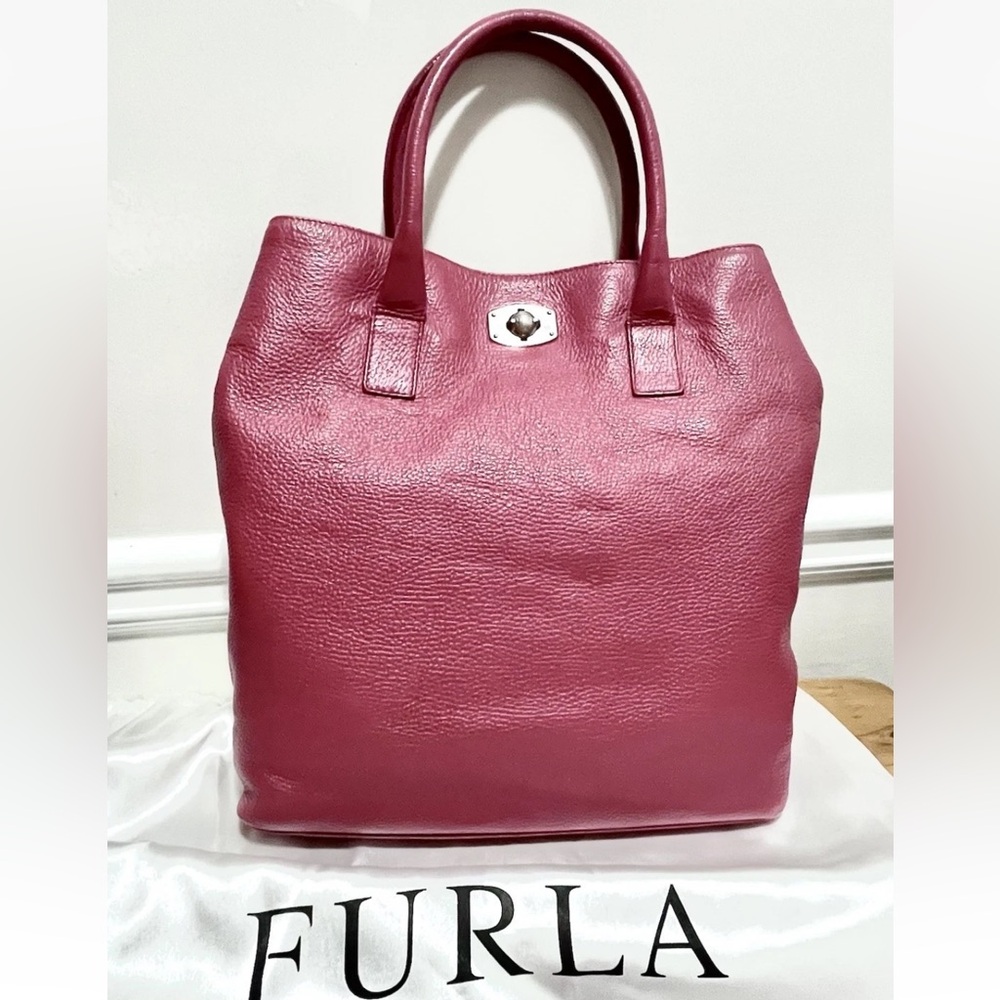 FURLA Appaloosa Bag - Raspberry/Dark Pink Pebbled Leather Large Tote Purse - Picture 15 of 16